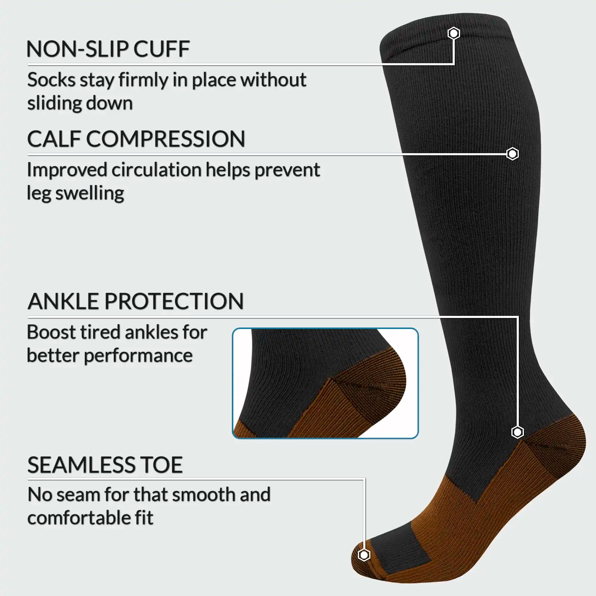 Copper Infused Compression socks, 15-20 mmHG, for better Circulation during Travel