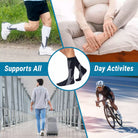 Collage of people wearing compression socks in various activities with text 'Supports All Day Activities'.