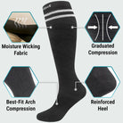 Black compression sock with features highlighted on a white background