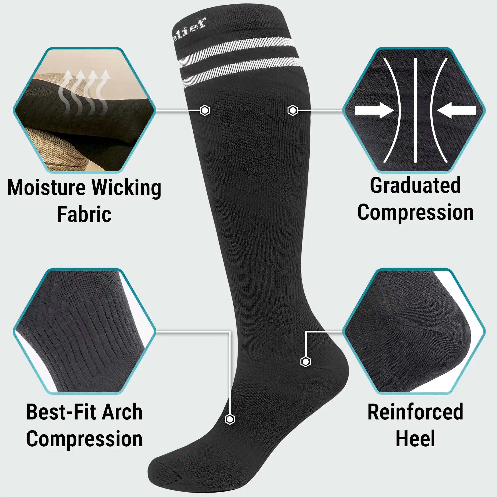 Black compression sock with features highlighted on a white background