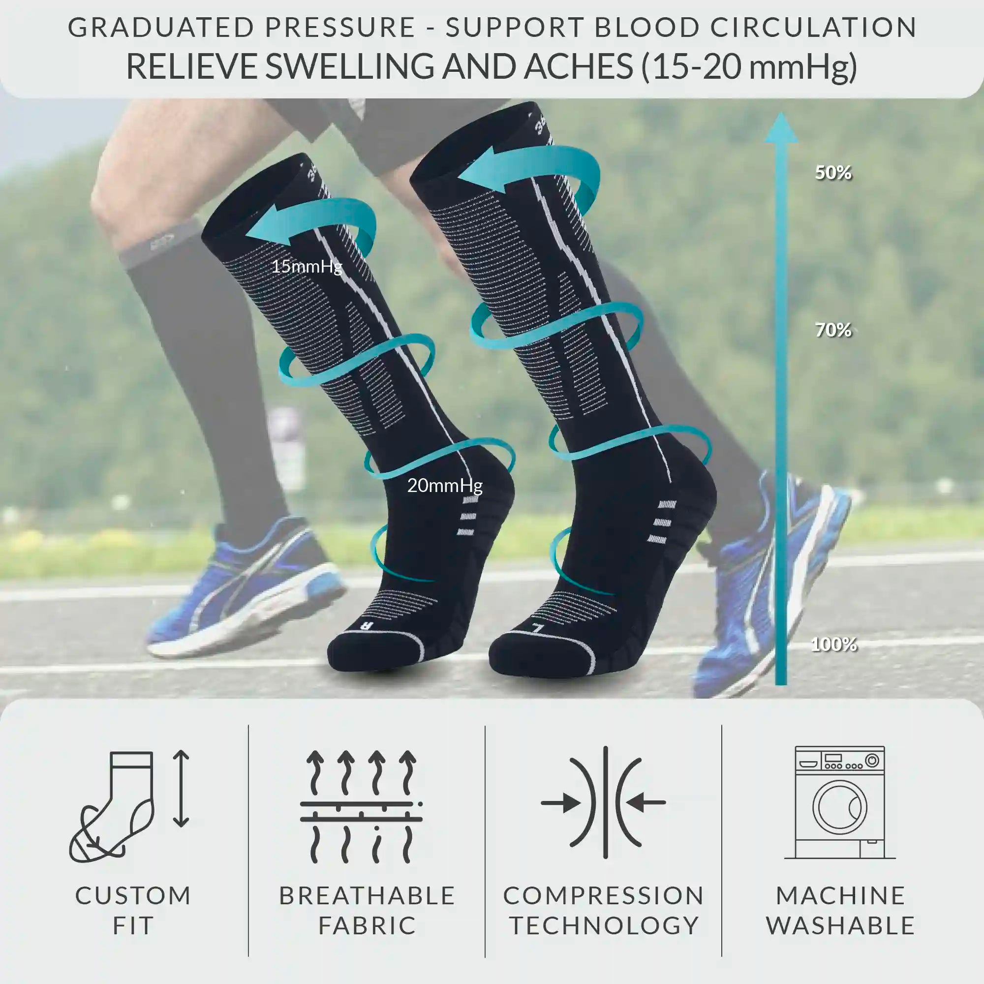 Premium Compression Socks, 15-20 mmHG for Flight, Running, Nursing, Soft Breathable and Comfy Fabric Sports