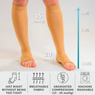 Beige compression socks with measurement details on a white background